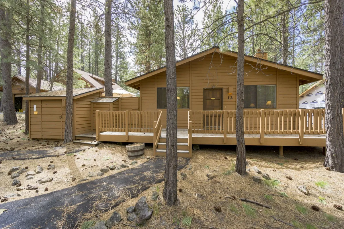 This image features the wooden deck and front door of Timber 12, nestled among tall trees. The inviting cabin structure is surrounded by nature, with ample space on the deck for relaxation or gathering with family members after a day of adventure.